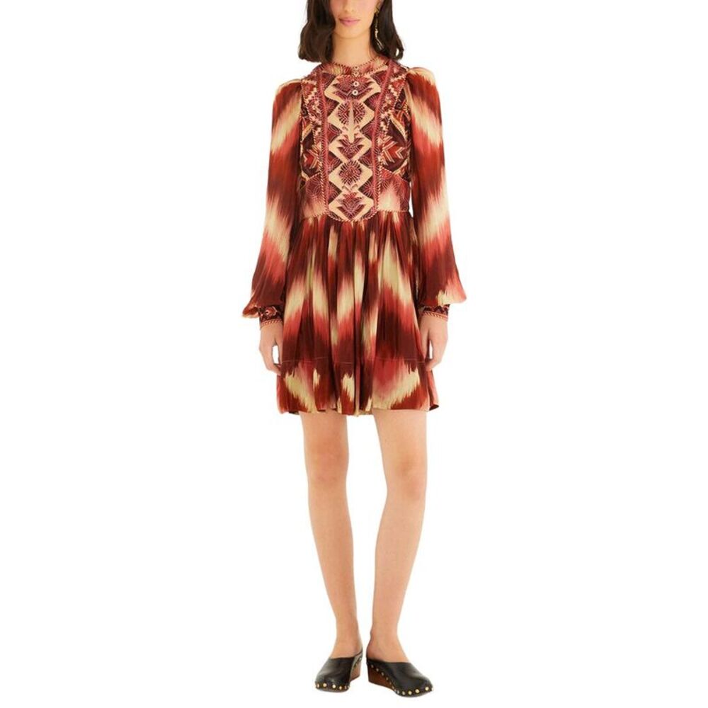 Farm Rio Womens  Amanda Stripes Tapestry Red Matelassé Long Sleeve Mini Dress